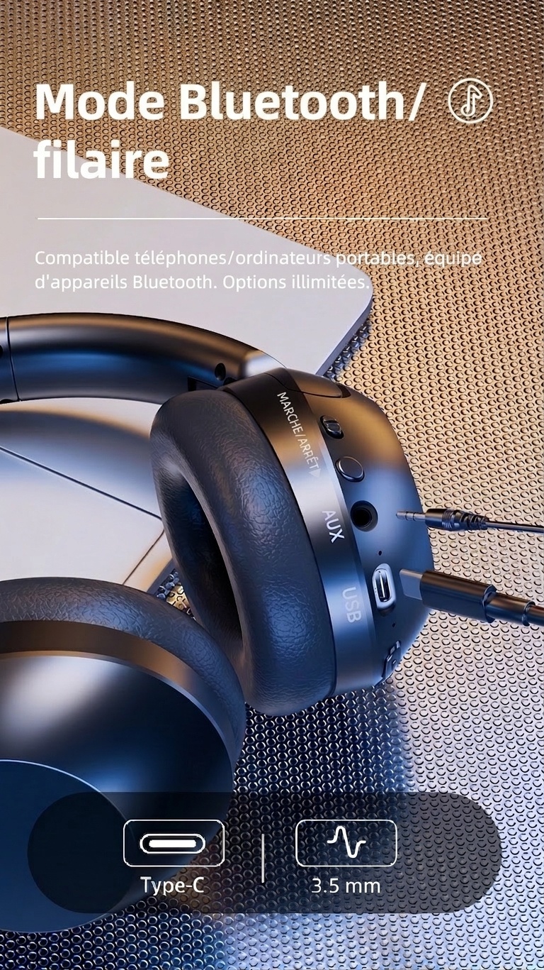 Écouteurs sans fil Bluetooth 5.3 avec réduction de bruit active et 80 heures d'autonomie