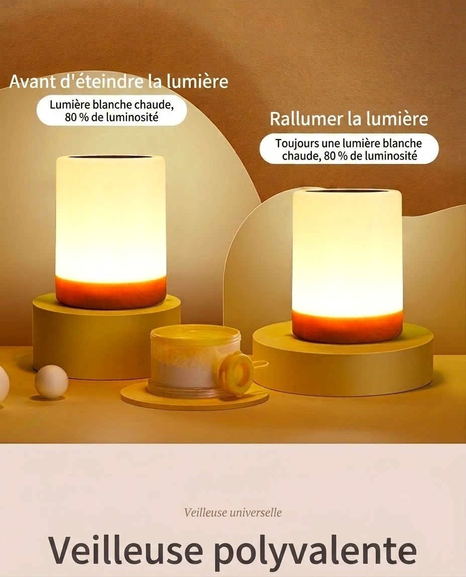 Lampe tactile LED RGB portable - Veilleuse à intensité variable avec base en bois