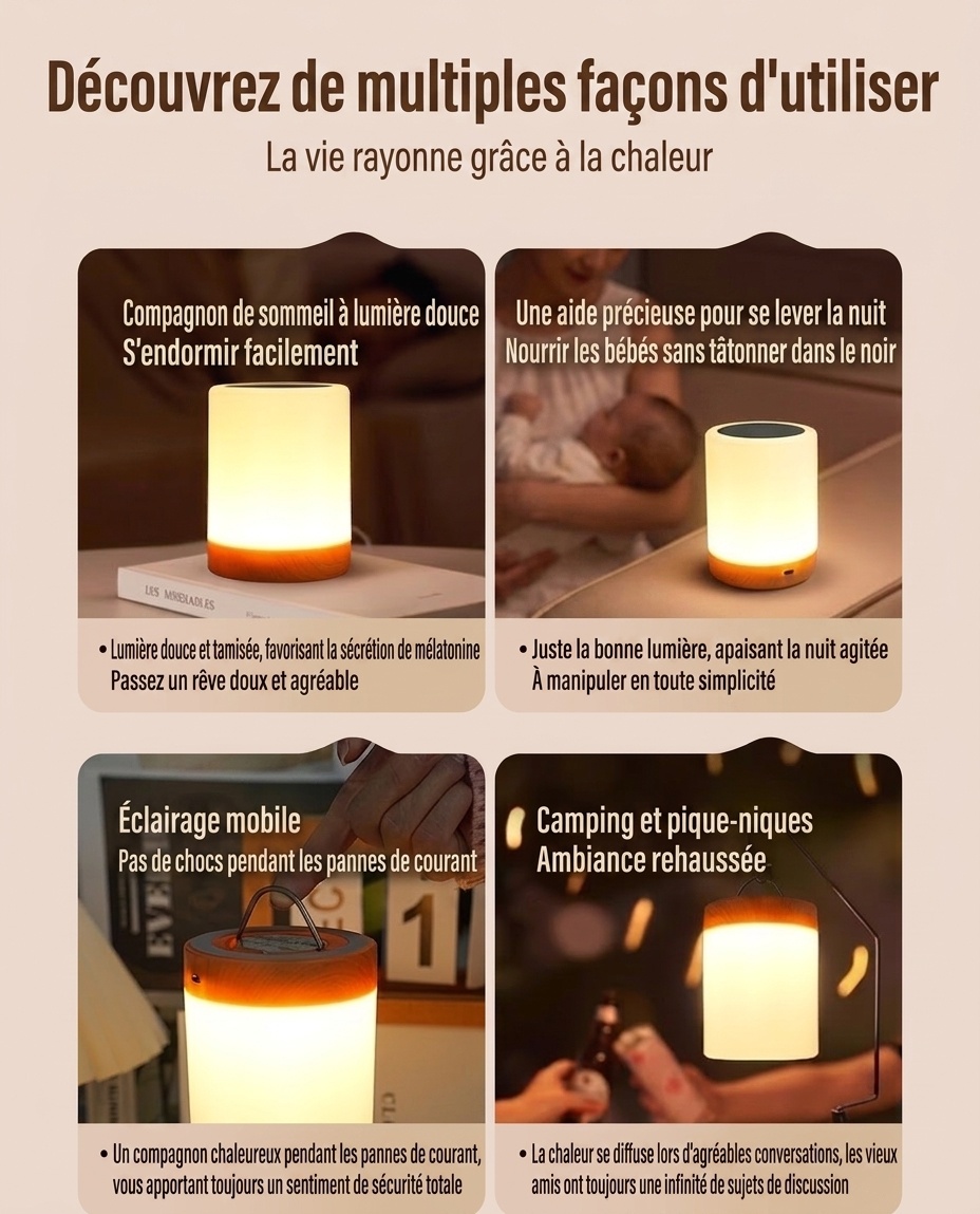 Lampe tactile LED RGB portable - Veilleuse à intensité variable avec base en bois