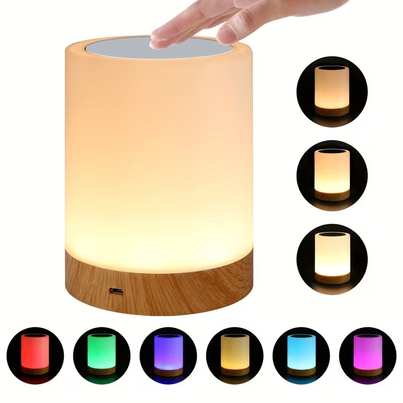 Portable RGB LED Touch Lamp - Dimmable Night Light with Wood Base