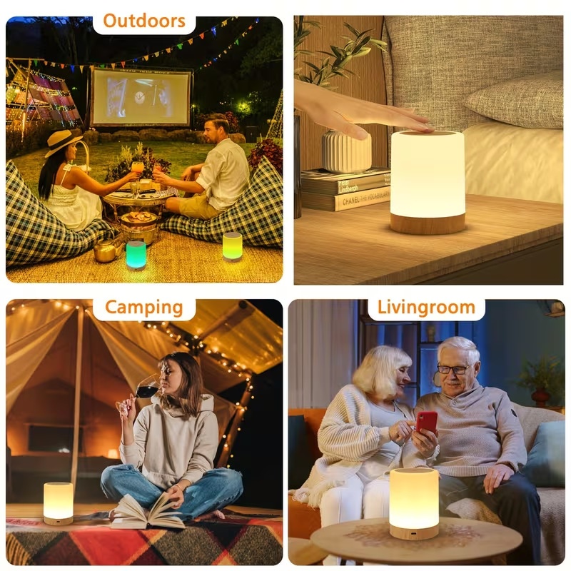 Portable RGB LED Touch Lamp - Dimmable Night Light with Wood Base