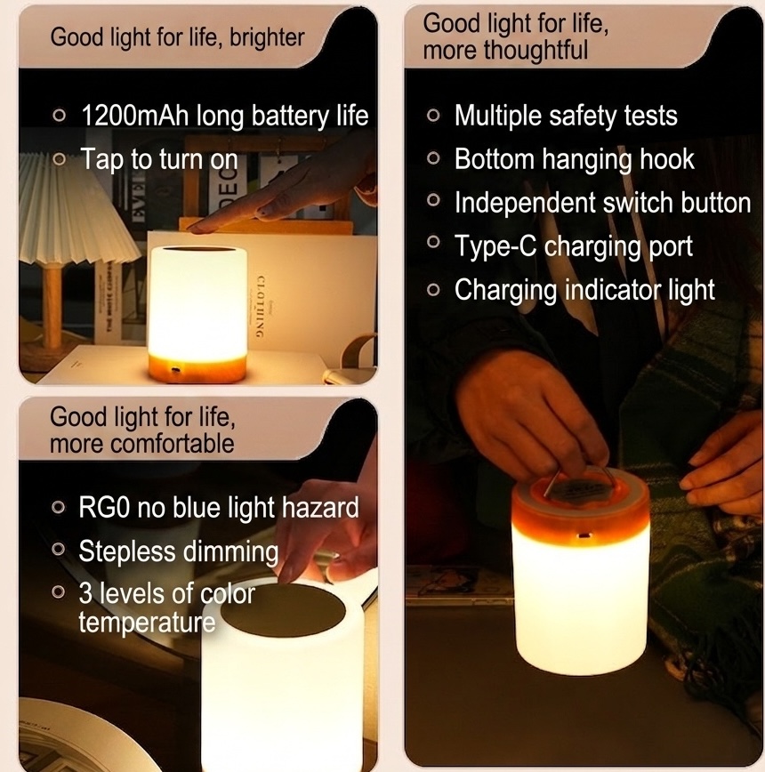Portable RGB LED Touch Lamp - Dimmable Night Light with Wood Base