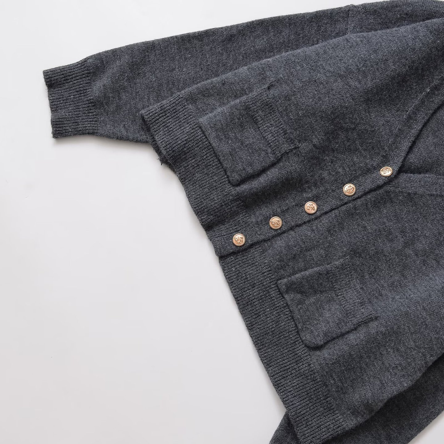 Wool V-Neck Knit Top with Gold Buttons KUN-00015