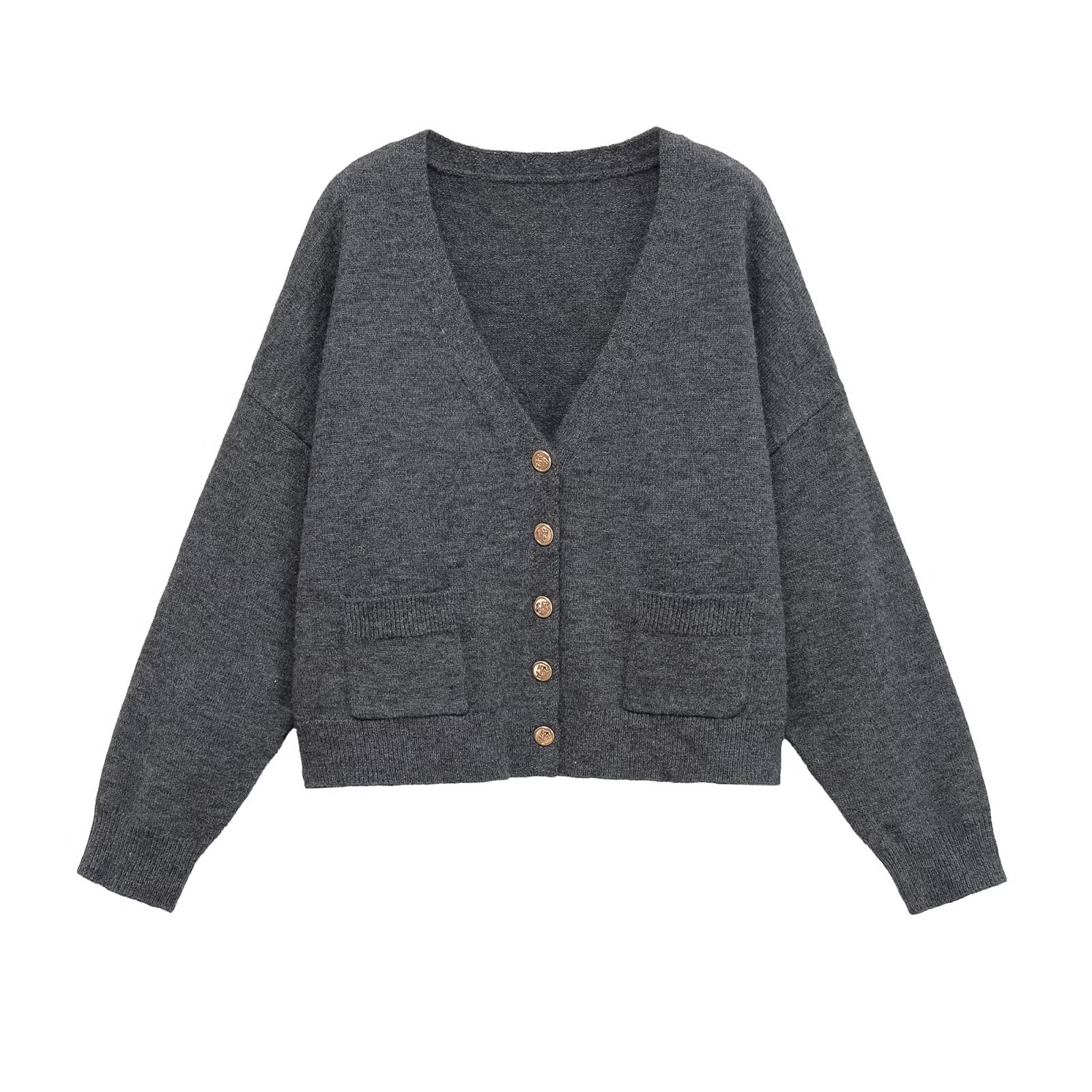 Wool V-Neck Knit Top with Gold Buttons KUN-00015