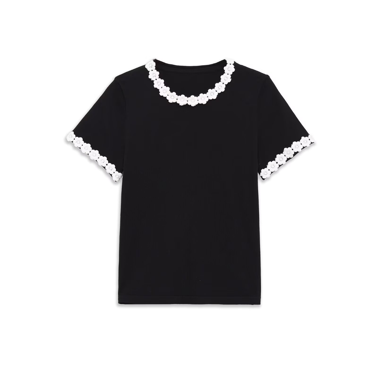 Camiseta de cuello redondo ajustada con apliques florales para mujer KUN-00018