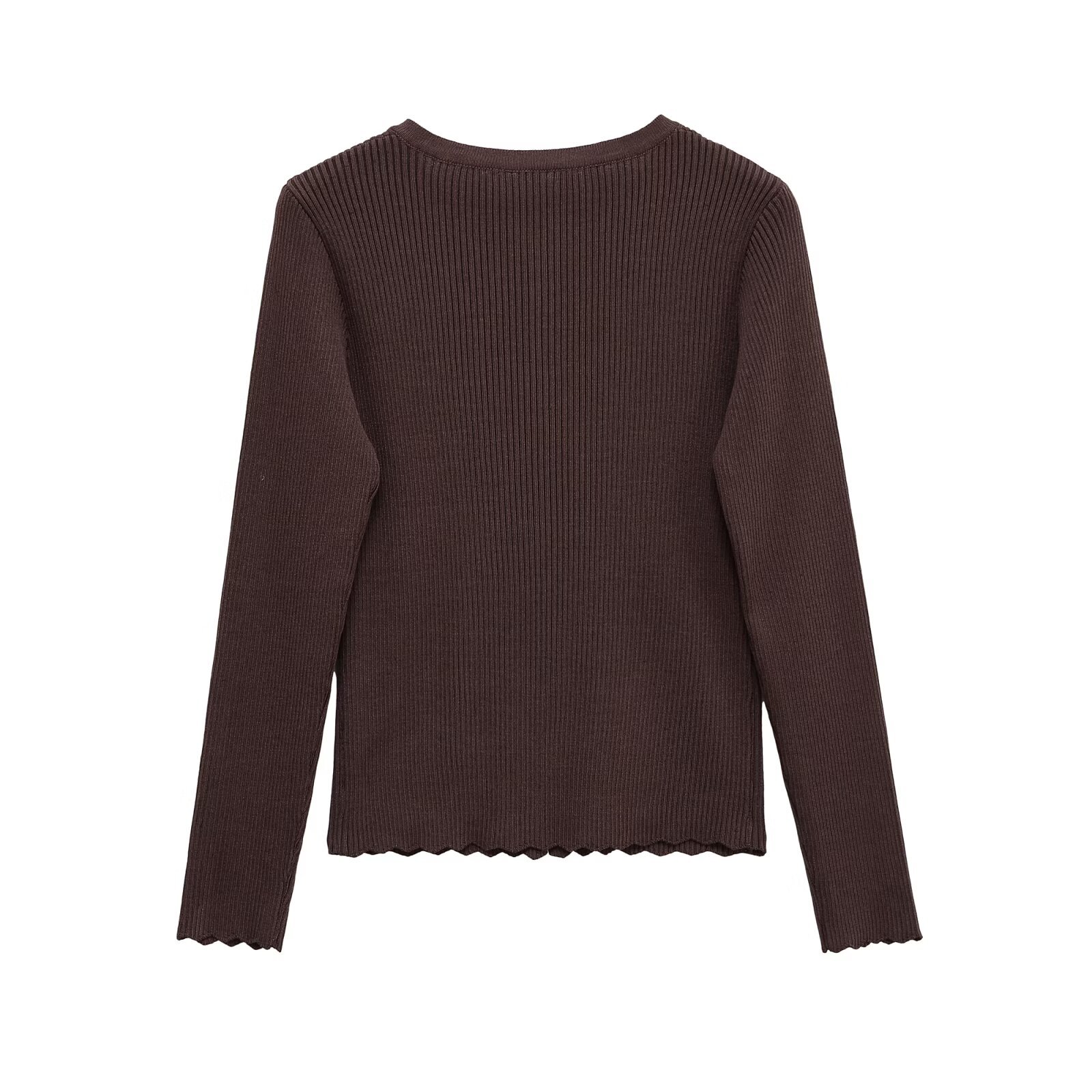 Ribbed Knit Top Long Sleeve Button Crewneck Sweater KUN-00057