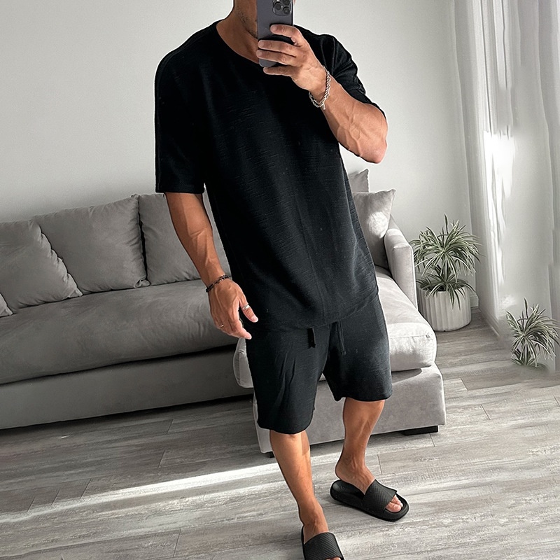 Loose Fit Short Sleeve Slub-Effect T-Shirt with Casual Shorts Two-Piece Set for Men