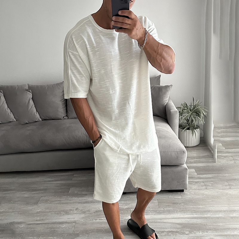 Loose Fit Short Sleeve Slub-Effect T-Shirt with Casual Shorts Two-Piece Set for Men