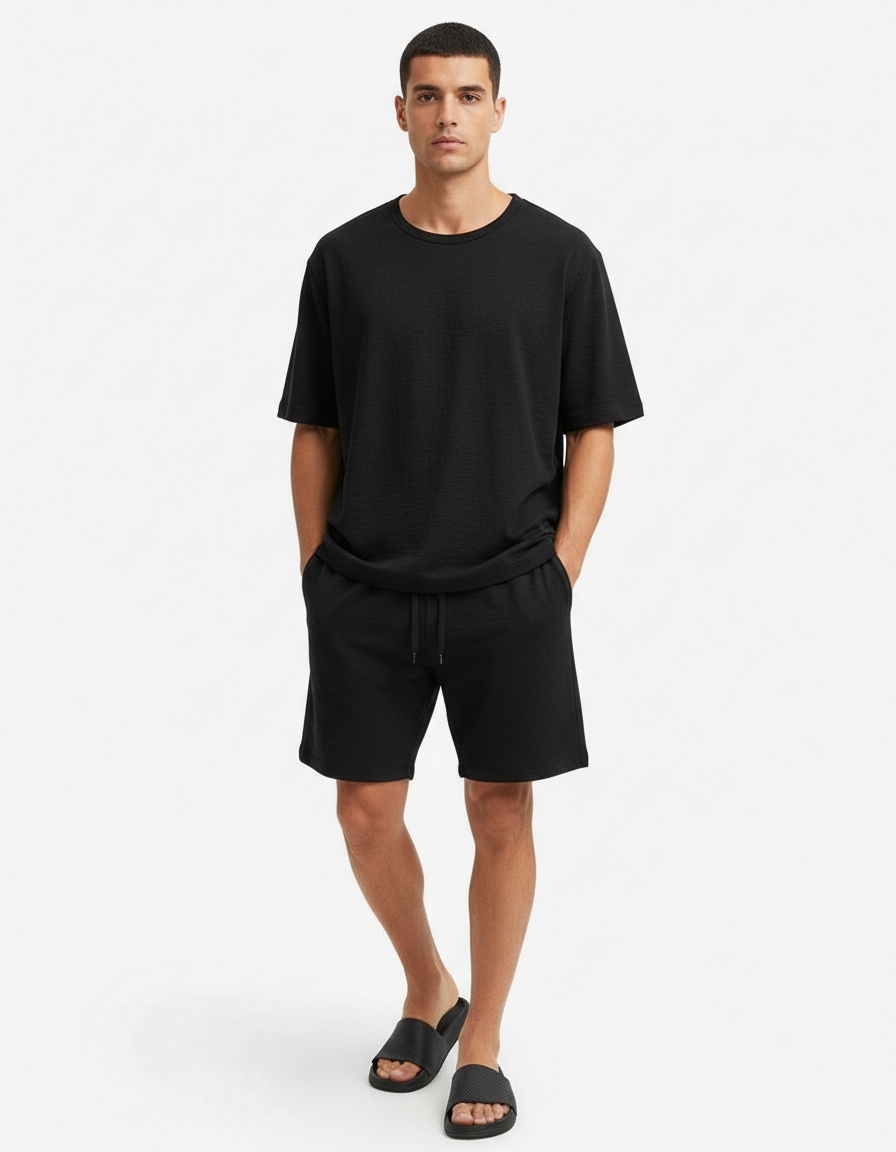Loose Fit Short Sleeve Slub-Effect T-Shirt with Casual Shorts Two-Piece Set for Men