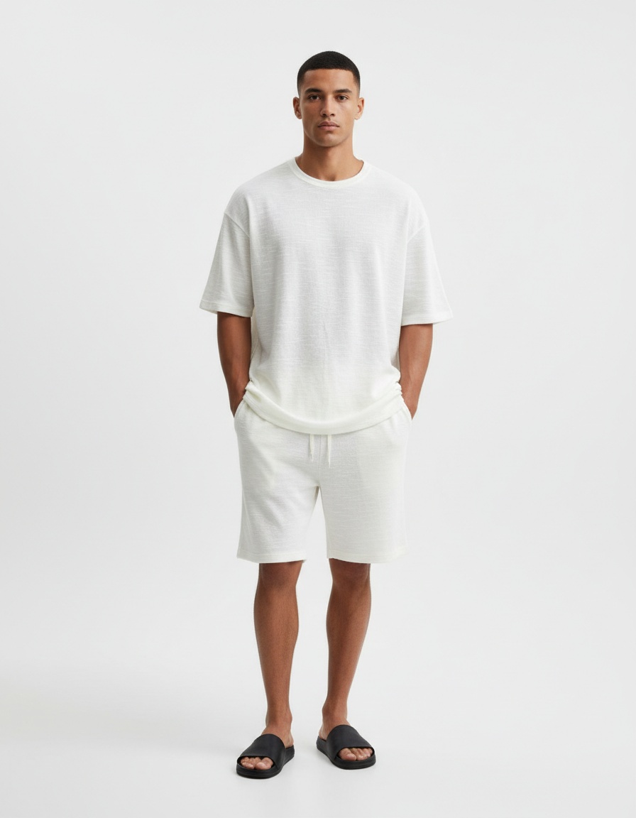 Loose Fit Short Sleeve Slub-Effect T-Shirt with Casual Shorts Two-Piece Set for Men