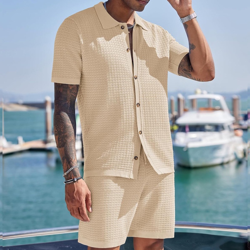 Men's Cotton Blend Waffle Fabric Summer Short-Sleeve Shirt and Shorts Set