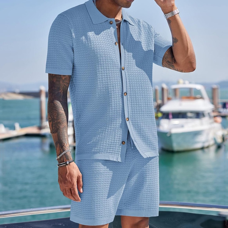 Men's Cotton Blend Waffle Fabric Summer Short-Sleeve Shirt and Shorts Set