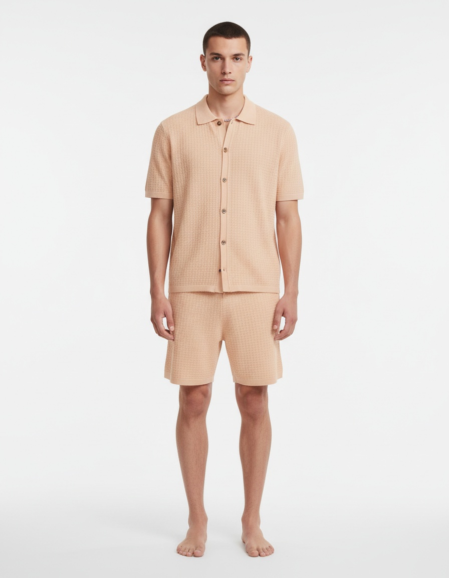 Men's Cotton Blend Waffle Fabric Summer Short-Sleeve Shirt and Shorts Set