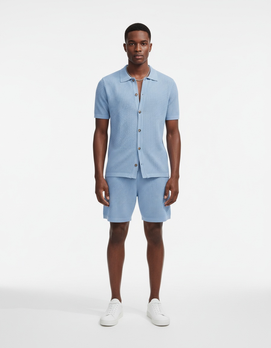 Men's Cotton Blend Waffle Fabric Summer Short-Sleeve Shirt and Shorts Set