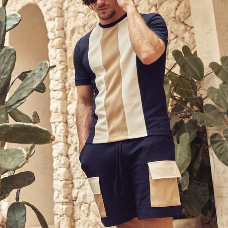 Men's otton Short-Sleeved Sports and Casual Color Block Round Neck Tee and Shorts Two-Piece Set for Summer