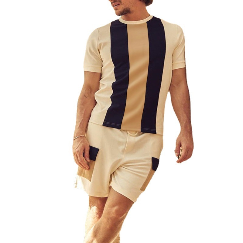 Men's otton Short-Sleeved Sports and Casual Color Block Round Neck Tee and Shorts Two-Piece Set for Summer