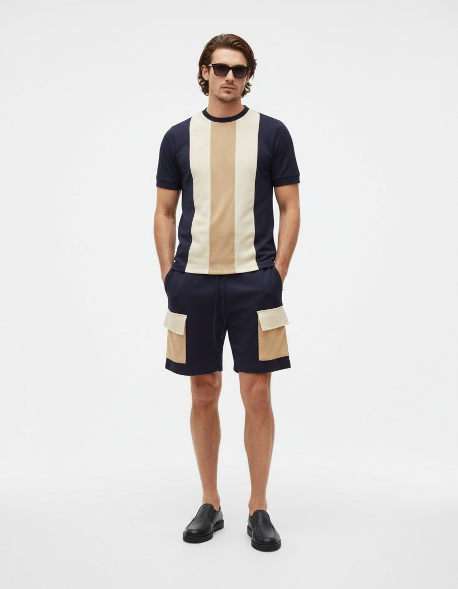Men's otton Short-Sleeved Sports and Casual Color Block Round Neck Tee and Shorts Two-Piece Set for Summer
