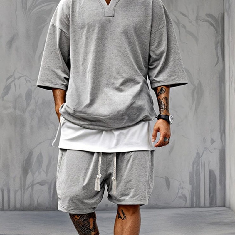 Men's Loose Fit Breathable Polyester with V-Neck Short Sleeves Tee and Shorts Casual Set