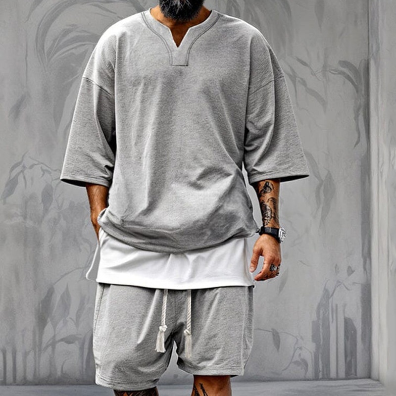 Men's Loose Fit Breathable Polyester with V-Neck Short Sleeves Tee and Shorts Casual Set