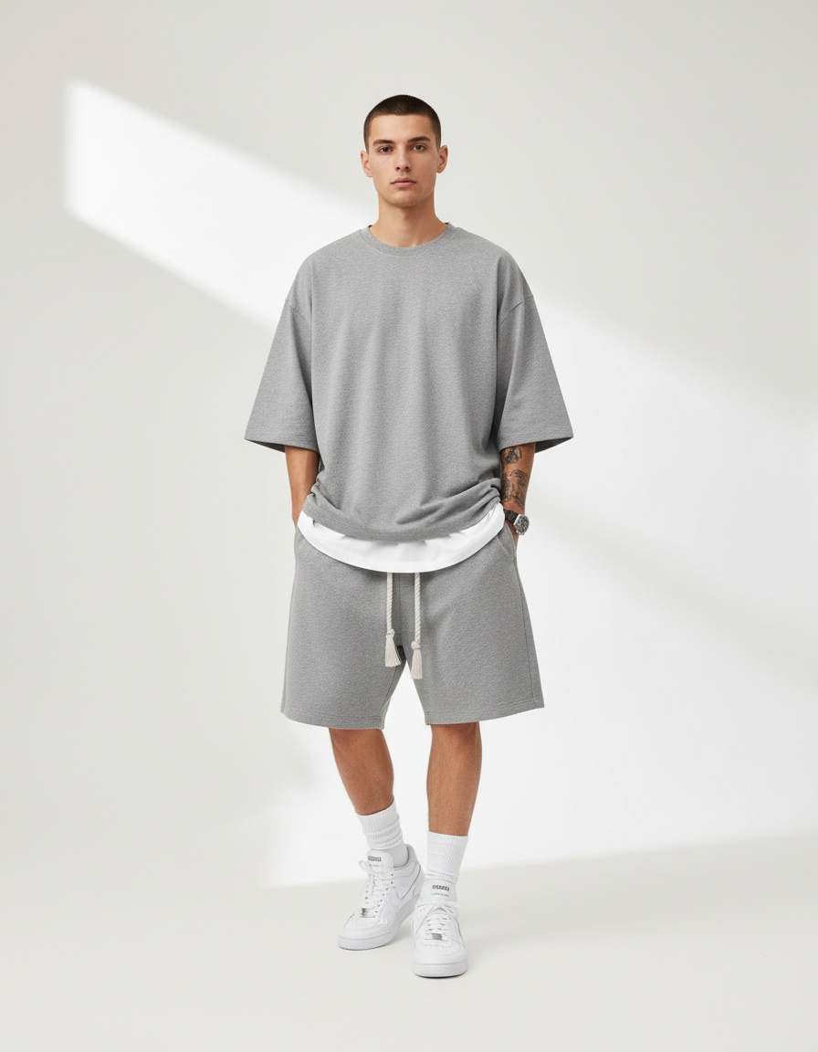 Men's Loose Fit Breathable Polyester with V-Neck Short Sleeves Tee and Shorts Casual Set