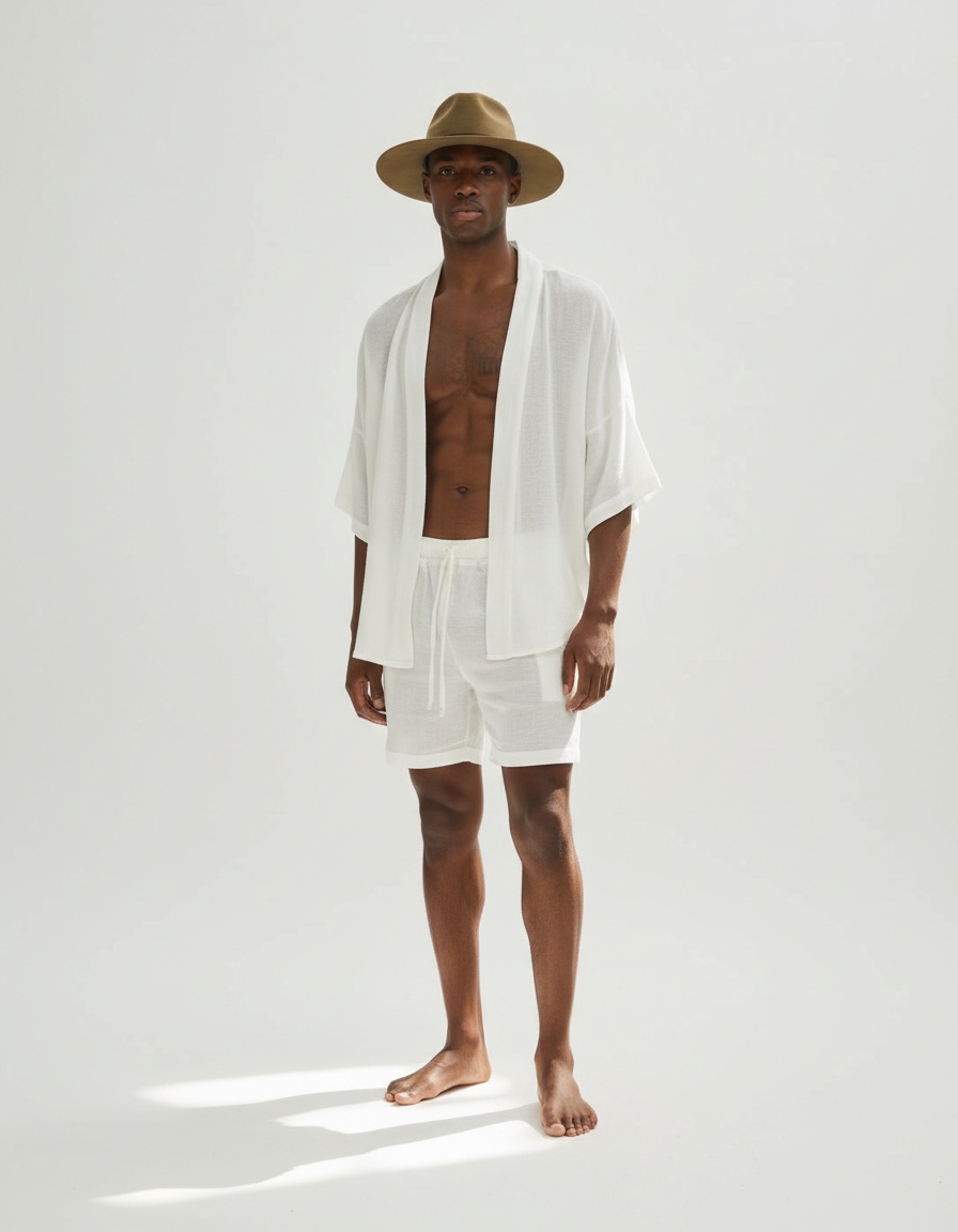 Summer Fashion White Cardigan and Shorts Two-Piece Menswear Set