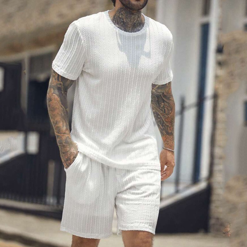 Cotton Blend Striped T-Shirt and Pants Casual Menswear Set