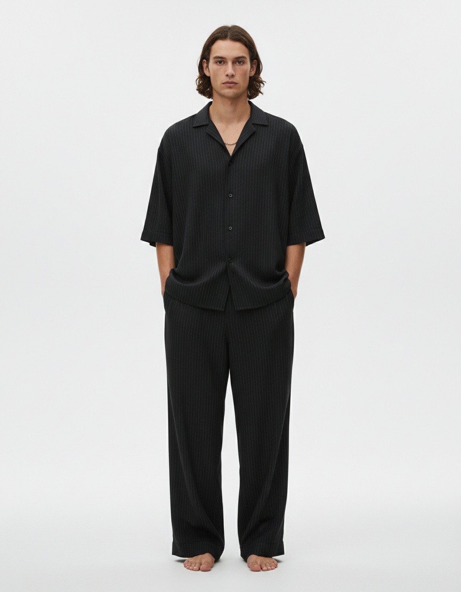 Herenset bestaande uit een ademend katoenen shirt met korte mouwen en een wijde broek (tweedelig).