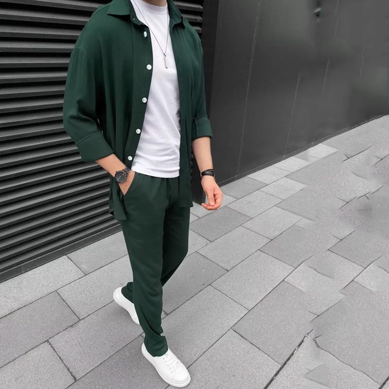 Cotton Blend Long-Sleeve Shirt and Trousers - Breathable Autumn Men's Casual Set