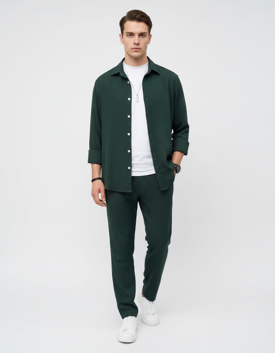 Cotton Blend Long-Sleeve Shirt and Trousers - Breathable Autumn Men's Casual Set