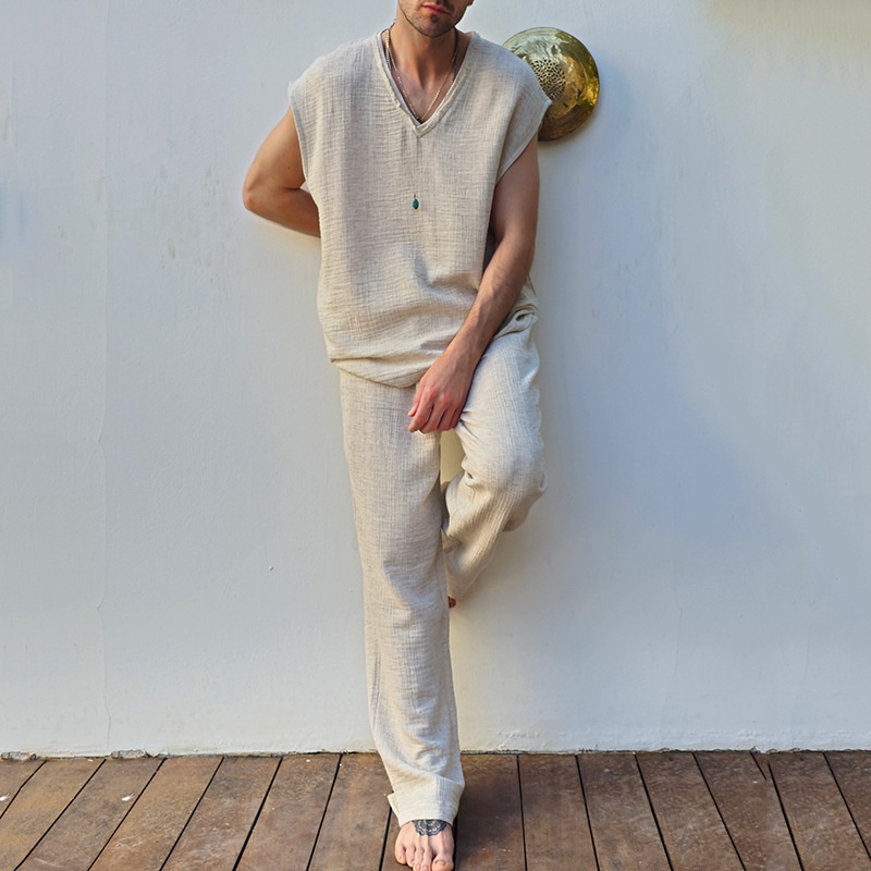 V-Neck Cotton Blend Sleeveless Top and Loose Pants Set for Casual Menswear