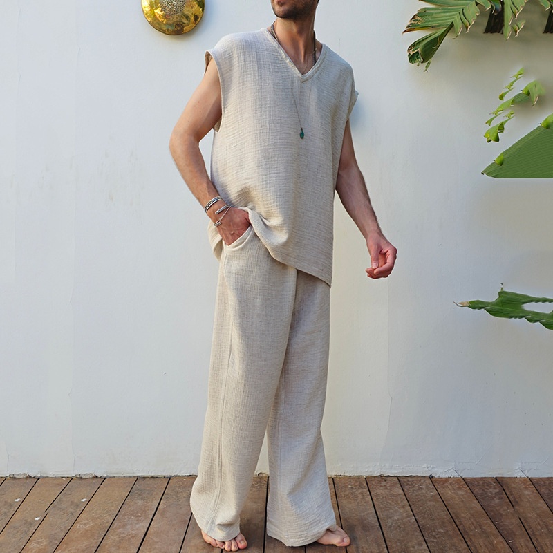 V-Neck Cotton Blend Sleeveless Top and Loose Pants Set for Casual Menswear