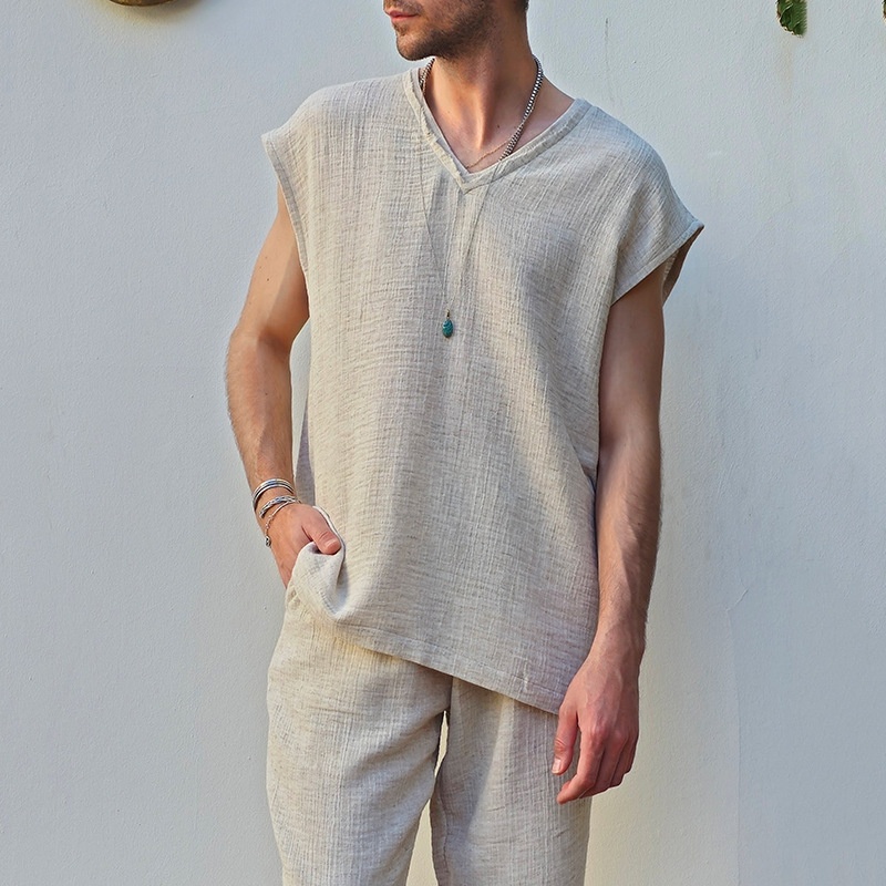 V-Neck Cotton Blend Sleeveless Top and Loose Pants Set for Casual Menswear