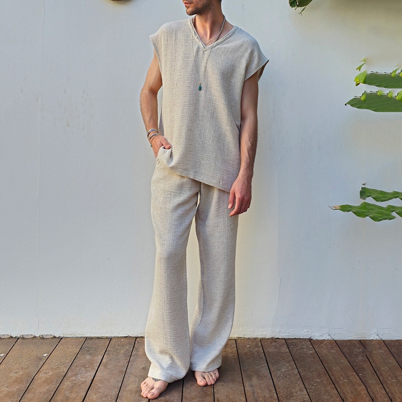 V-Neck Cotton Blend Sleeveless Top and Loose Pants Set for Casual Menswear