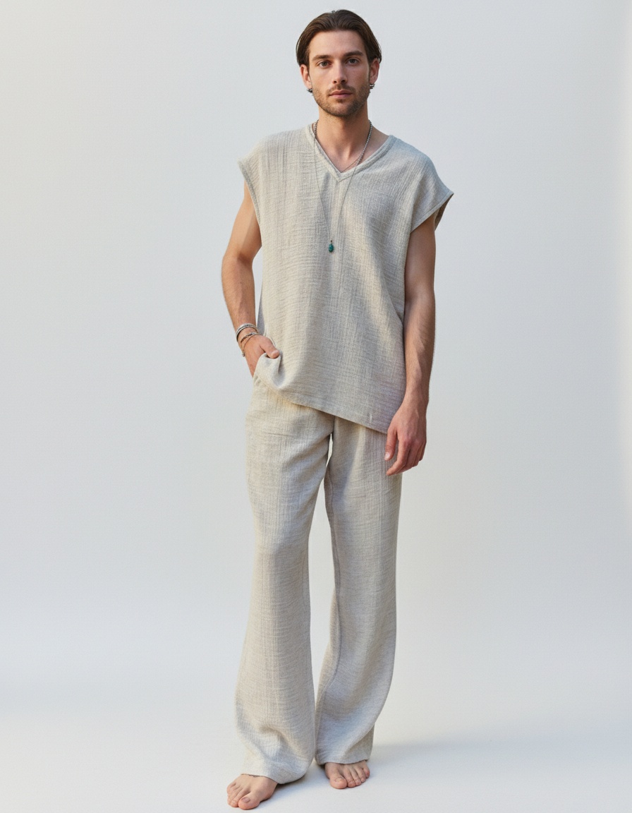 V-Neck Cotton Blend Sleeveless Top and Loose Pants Set for Casual Menswear