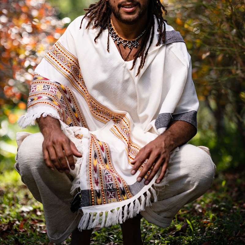 Ademende cape met capuchon en V-hals in etnische stijl voor casual herenkleding