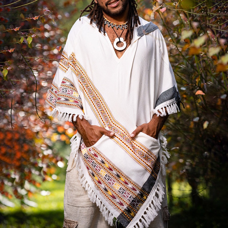 Ademende cape met capuchon en V-hals in etnische stijl voor casual herenkleding