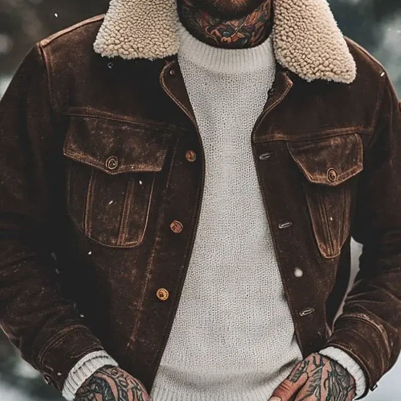 Corduroy Retro Patchwork Jacket with Fleece Collar - Casual Wear