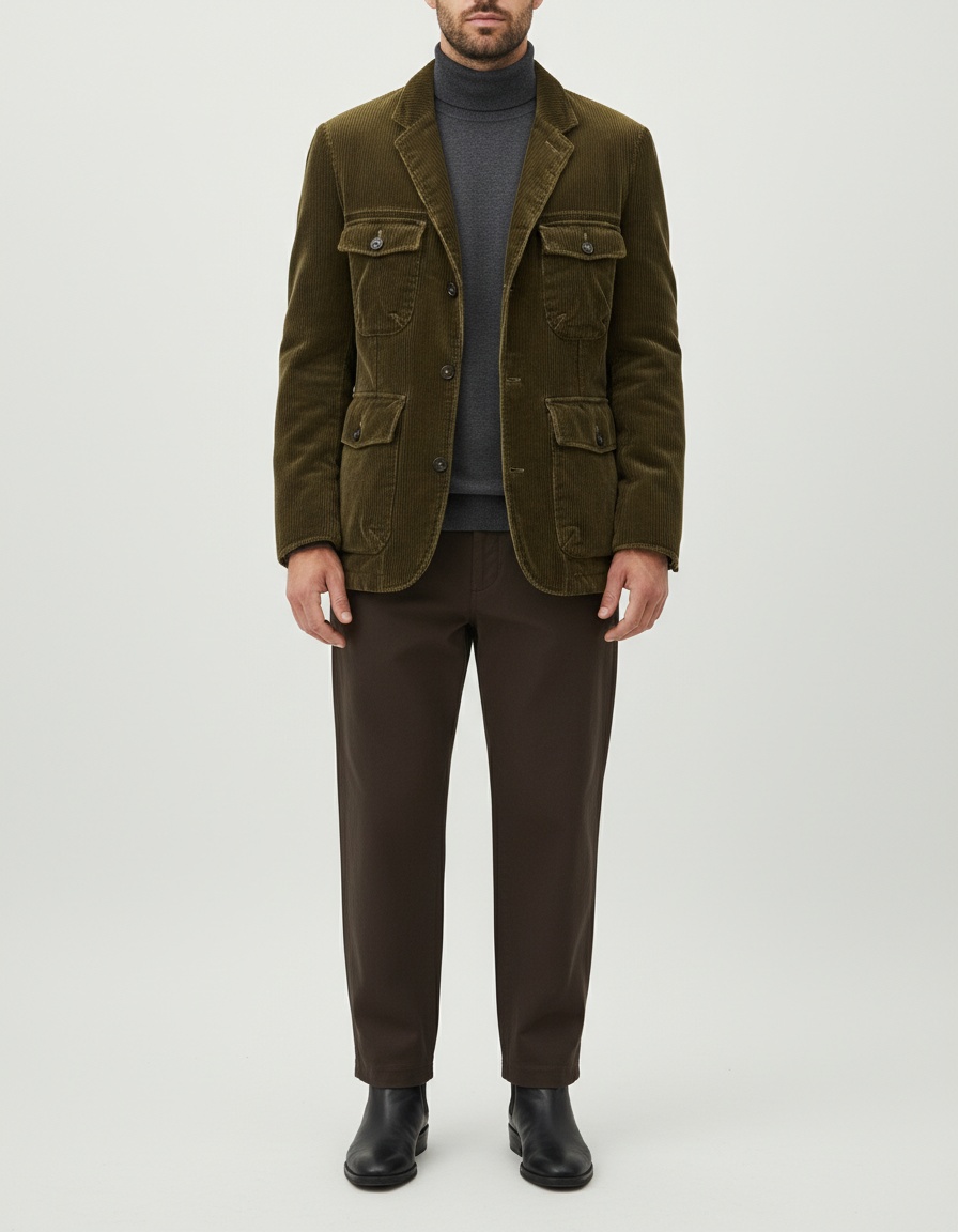 Heren casual winterjas van effen corduroy met opstaande kraag