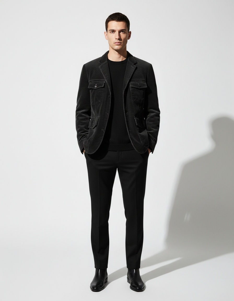 Heren casual winterjas van effen corduroy met opstaande kraag