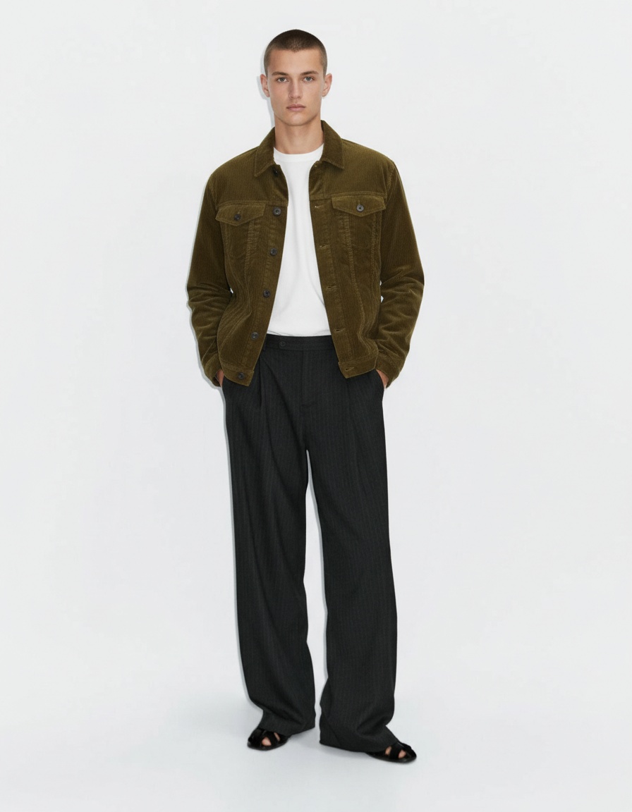 Heren casual winterjas van effen corduroy met opstaande kraag