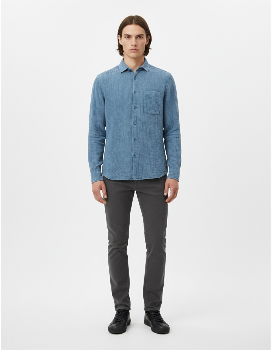 Crêpe overhemd met lange mouwen, kraag en knoopsluiting - Ademend, casual, effen kleur