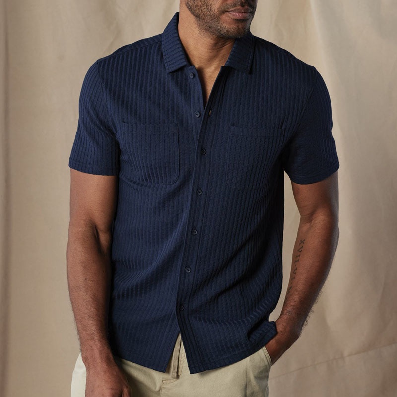 Short Sleeve Seersucker Fabric Casual Shirt - Loose Fit with Chest Pocket