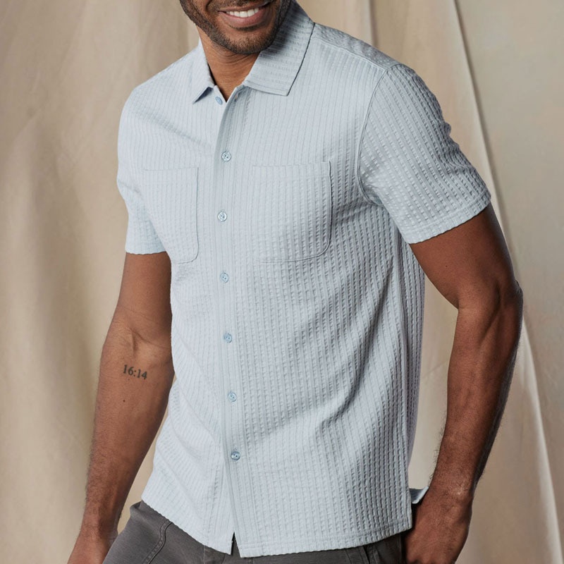 Short Sleeve Seersucker Fabric Casual Shirt - Loose Fit with Chest Pocket