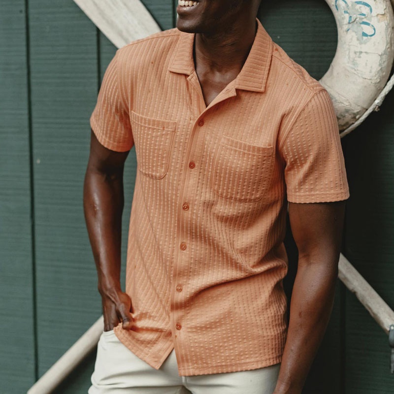 Short Sleeve Seersucker Fabric Casual Shirt - Loose Fit with Chest Pocket