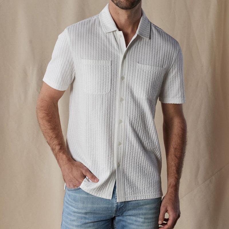 Short Sleeve Seersucker Fabric Casual Shirt - Loose Fit with Chest Pocket