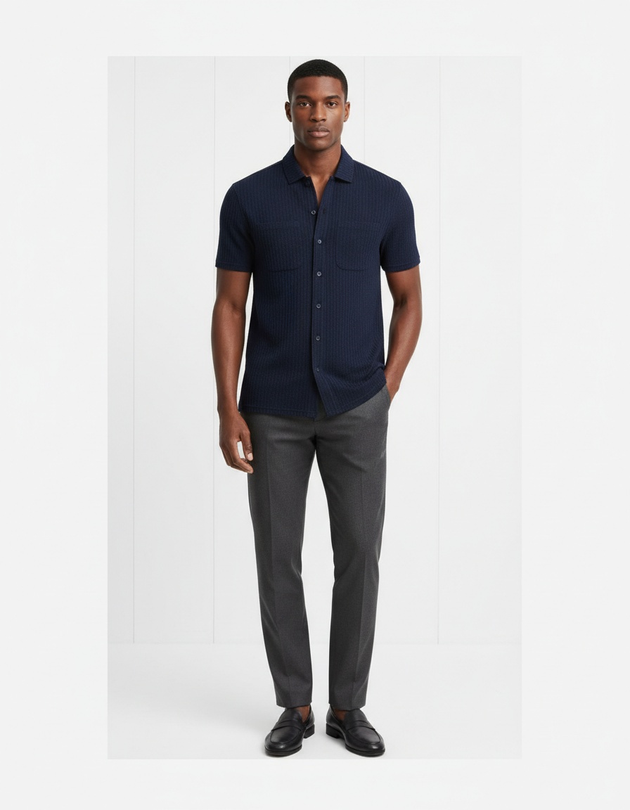 Short Sleeve Seersucker Fabric Casual Shirt - Loose Fit with Chest Pocket