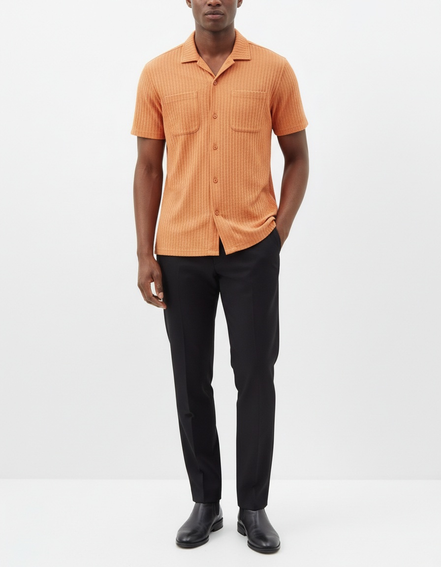 Short Sleeve Seersucker Fabric Casual Shirt - Loose Fit with Chest Pocket