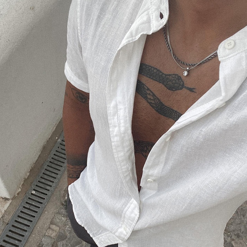 Katoenen linnen overhemd met lange mouwen, effen kleur, casual voor heren.