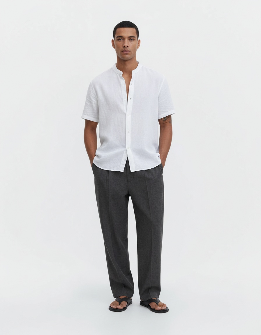 Katoenen linnen overhemd met lange mouwen, effen kleur, casual voor heren.