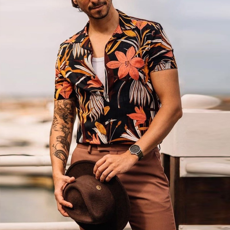 Printed Cotton Blend Short Sleeve Shirt - Loose Fit Breathable Menswear